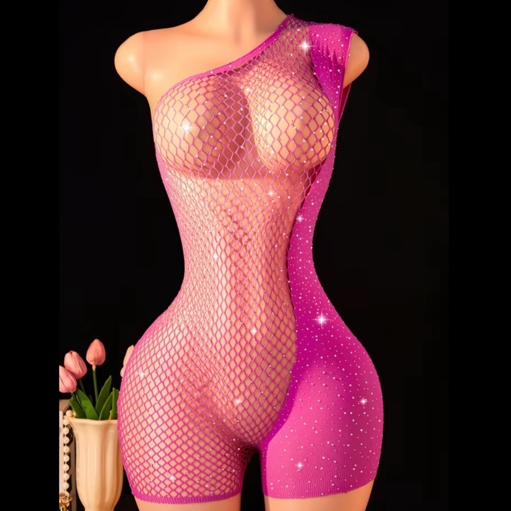 Hot Pink, Sparkling, Fishnet Hollow, Lingerie Bodysuit